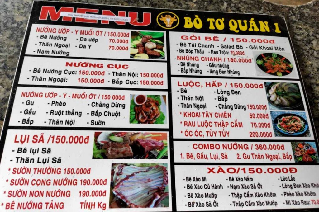 Menu số 1 quán ăn Phú Quốc ngon Bò Tơ Quán