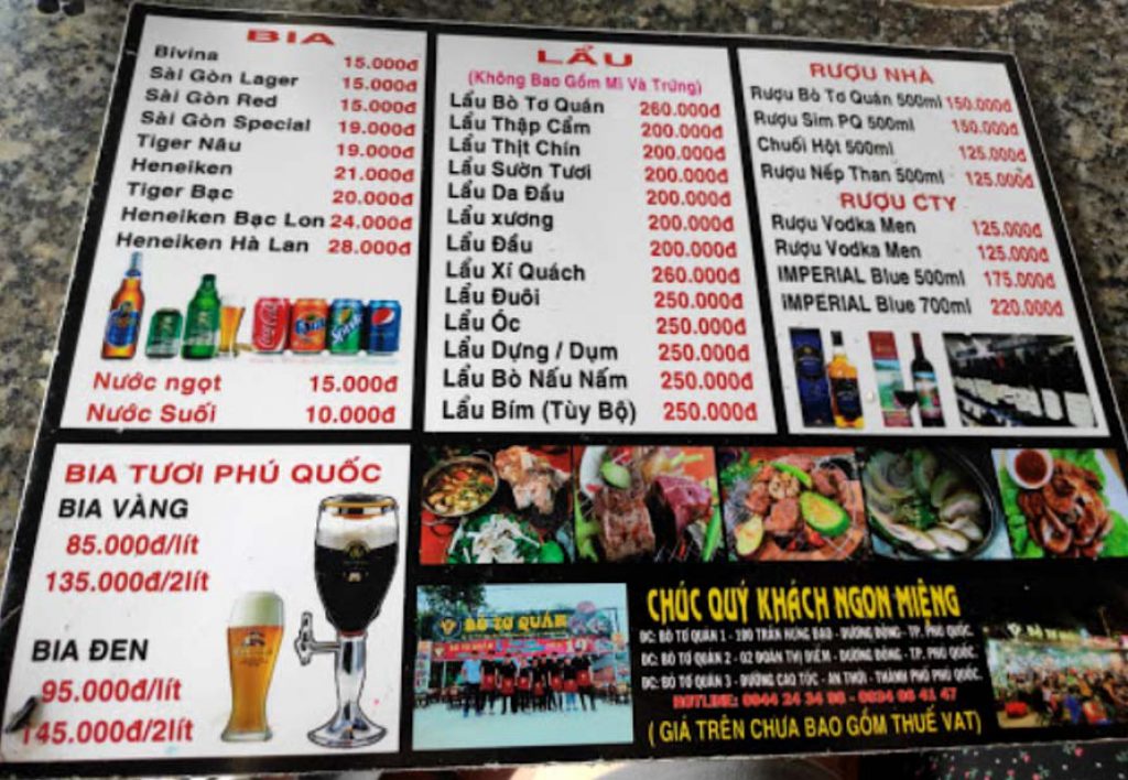 Menu số 2 của Bò tơ quán Phú Quốc