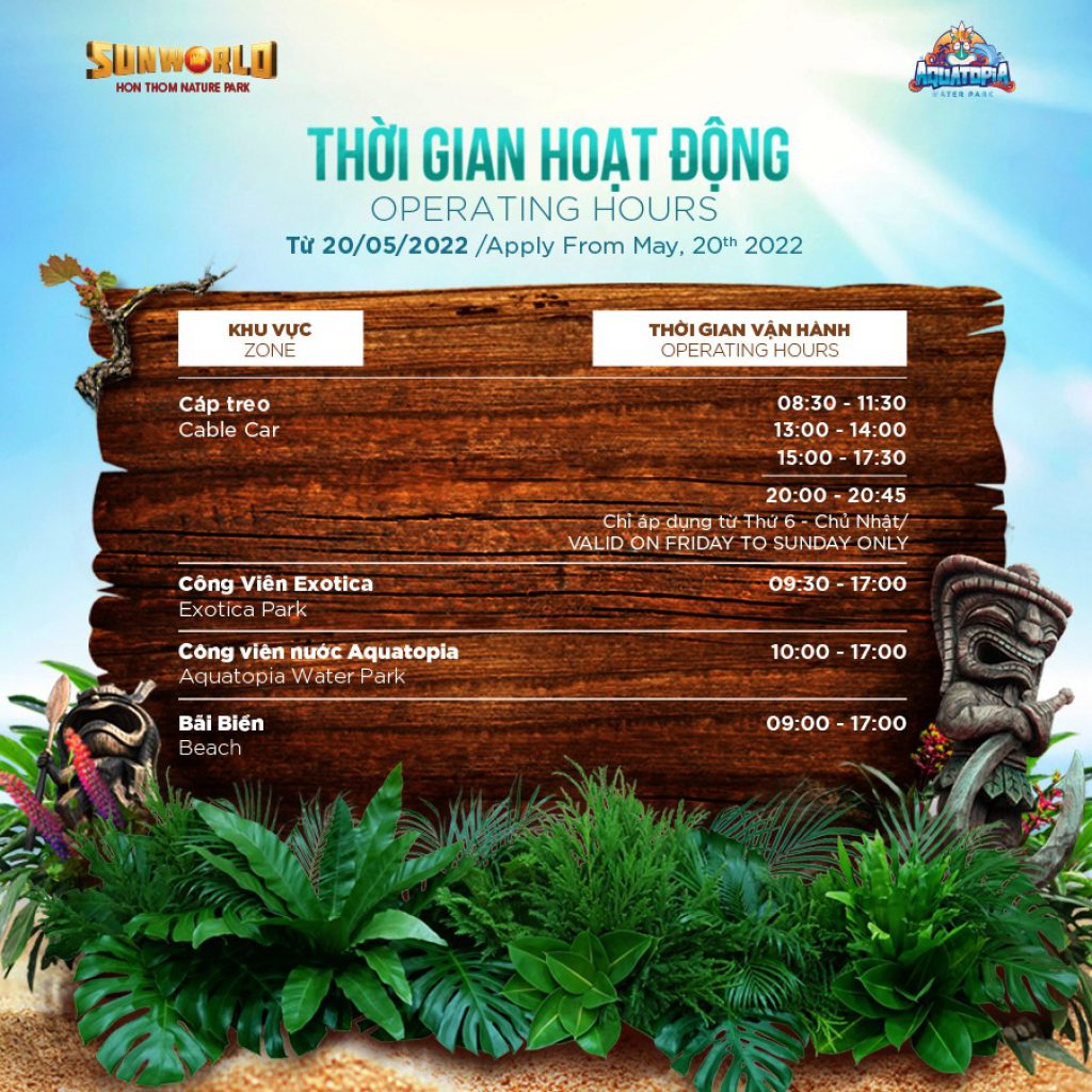 Thời gian vận hành Sun World Hon Thom Nature Park từ 20.05.2022